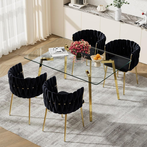 SERENITà Black Modern Hand Weaving Dining Chairs,Velvet Upholstered Side Chairs with Gold Legs, Chic Vanity Chairs with Armrest, Accent Chair for Dining Room, and Cafe Set of 2 - Amazingooh Wholesale