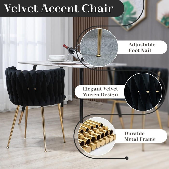 SERENITà Black Modern Hand Weaving Dining Chairs,Velvet Upholstered Side Chairs with Gold Legs, Chic Vanity Chairs with Armrest, Accent Chair for Dining Room, and Cafe Set of 2 - Amazingooh Wholesale