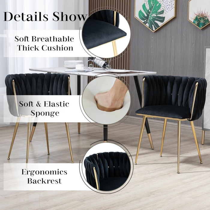 SERENITà Black Modern Hand Weaving Dining Chairs,Velvet Upholstered Side Chairs with Gold Legs, Chic Vanity Chairs with Armrest, Accent Chair for Dining Room, and Cafe Set of 2 - Amazingooh Wholesale
