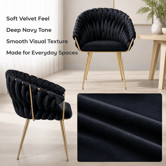 SERENITà Black Modern Velvet Dining Chairs, Upholstered Living Room Chair with Woven Back and Golden Metal Legs, Mid-Century Accent Set of 2 - Amazingooh Wholesale