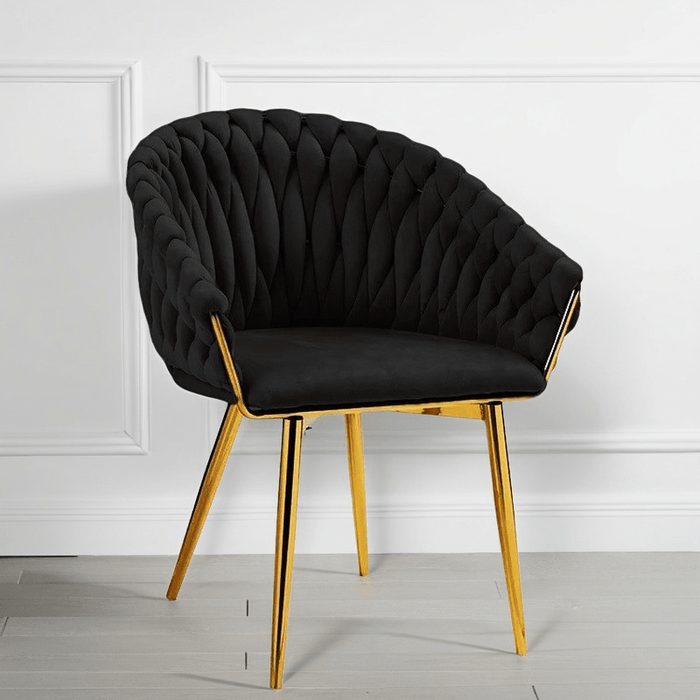 SERENITà Black Modern Velvet Dining Chairs, Upholstered Living Room Chair with Woven Back and Golden Metal Legs, Mid - Century Accent Set of 2 - Amazingooh Wholesale