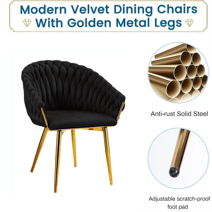 SERENITà Black Modern Velvet Dining Chairs, Upholstered Living Room Chair with Woven Back and Golden Metal Legs, Mid - Century Accent Set of 2 - Amazingooh Wholesale