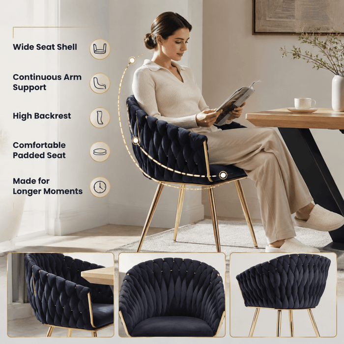 SERENITà Black Modern Velvet Dining Chairs, Upholstered Living Room Chair with Woven Back and Golden Metal Legs, Mid-Century Accent Set of 2 - Amazingooh Wholesale