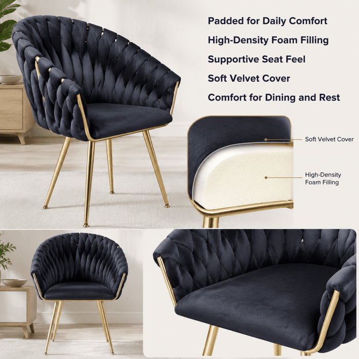SERENITà Black Modern Velvet Dining Chairs, Upholstered Living Room Chair with Woven Back and Golden Metal Legs, Mid-Century Accent Set of 2 - Amazingooh Wholesale