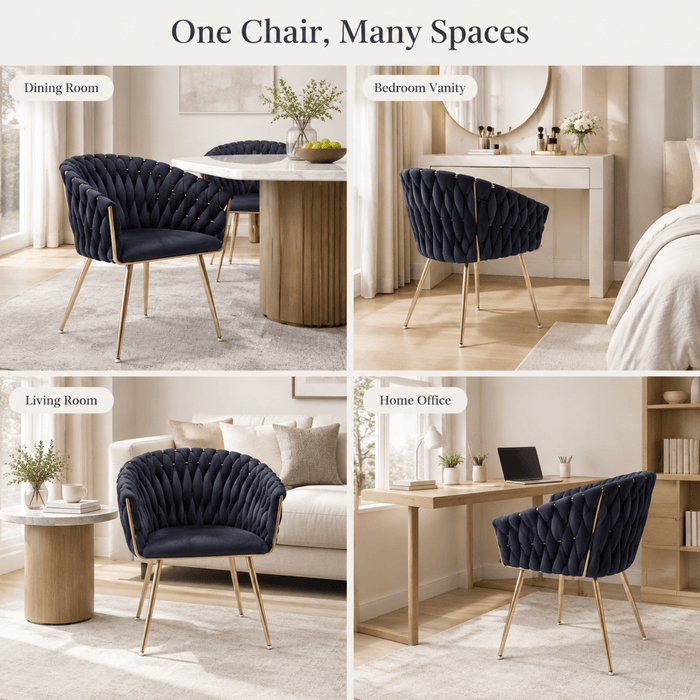 SERENITà Black Modern Velvet Dining Chairs, Upholstered Living Room Chair with Woven Back and Golden Metal Legs, Mid-Century Accent Set of 2 - Amazingooh Wholesale