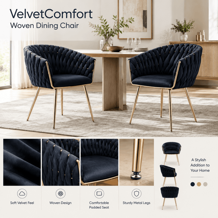 SERENITà Black Modern Velvet Dining Chairs, Upholstered Living Room Chair with Woven Back and Golden Metal Legs, Mid-Century Accent Set of 2 - Amazingooh Wholesale