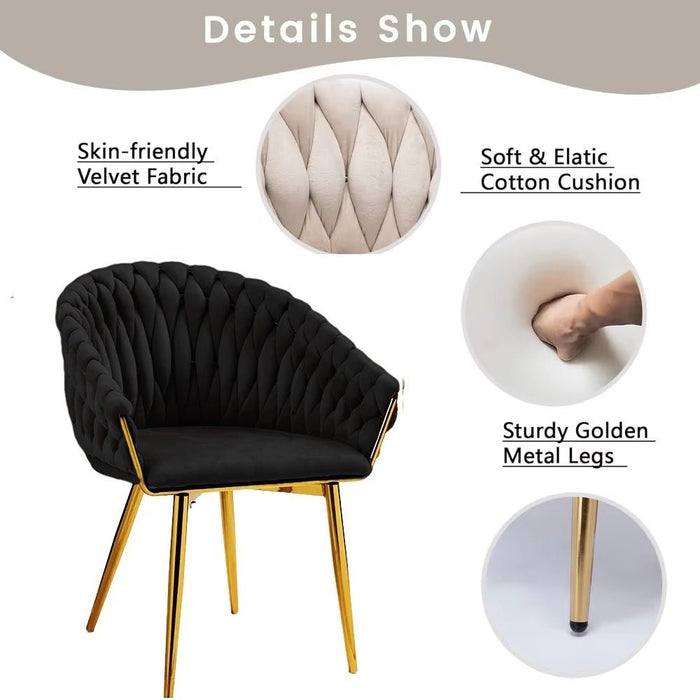 SERENITà Black Modern Velvet Dining Chairs, Upholstered Living Room Chair with Woven Back and Golden Metal Legs, Mid - Century Accent Set of 2 - Amazingooh Wholesale