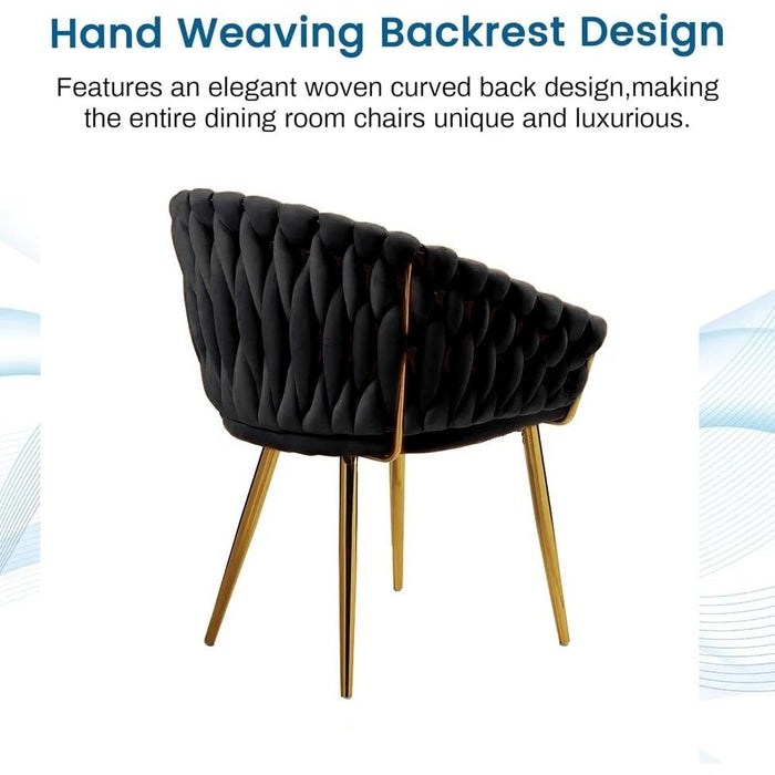 SERENITà Black Modern Velvet Dining Chairs, Upholstered Living Room Chair with Woven Back and Golden Metal Legs, Mid - Century Accent Set of 2 - Amazingooh Wholesale