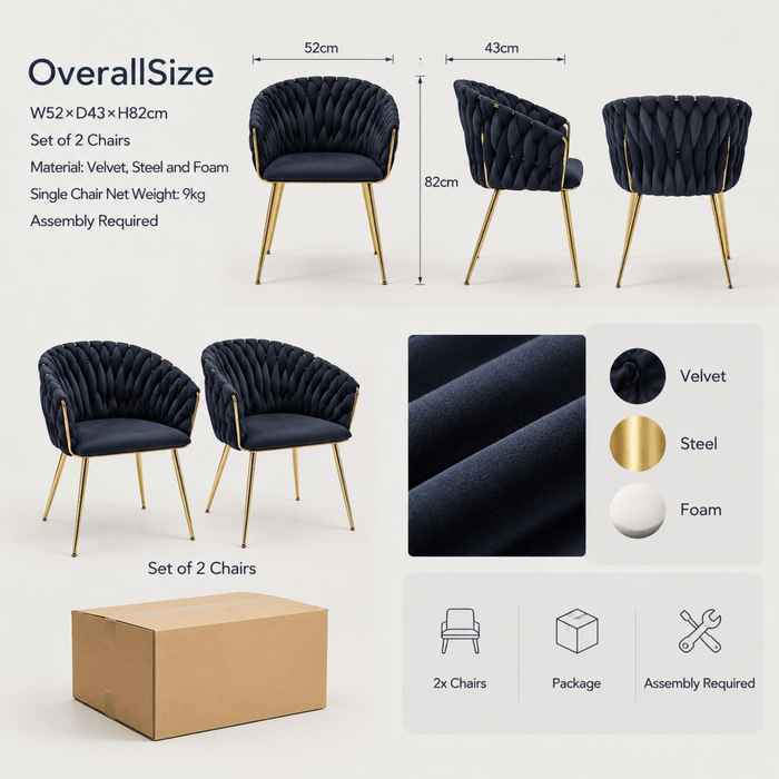 SERENITà Black Modern Velvet Dining Chairs, Upholstered Living Room Chair with Woven Back and Golden Metal Legs, Mid-Century Accent Set of 2 - Amazingooh Wholesale
