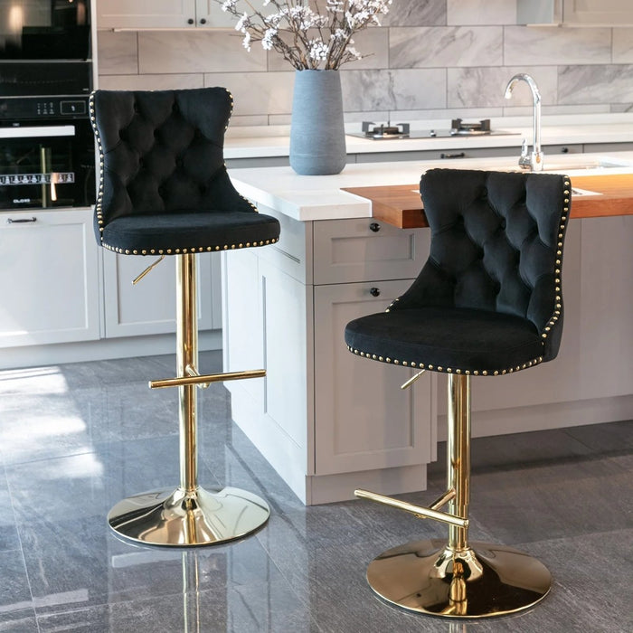 SERENITà Black Velvet Bar Stools Adjustable Swivel Counter Height Chairs with Tufted Back and Nailhead Trim for Kitchen Island Pub Restaurant (2Pcs, Gold) - Amazingooh Wholesale