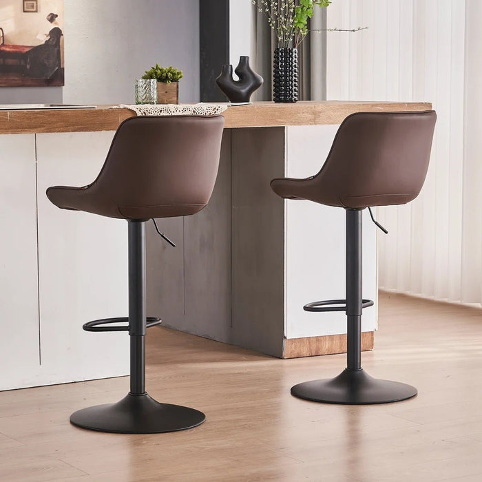 SERENITà Brown Modern Height Adjustable Swivel Bar Stools Upholstered Leather Barstool Kitchen Island Chairs with Metal Frame (Set of 2) - Amazingooh Wholesale