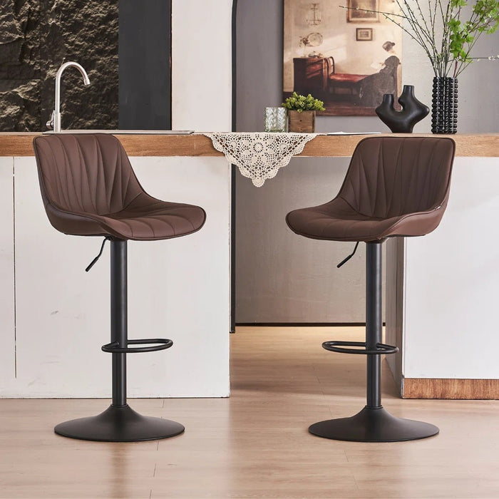SERENITà Brown Modern Height Adjustable Swivel Bar Stools Upholstered Leather Barstool Kitchen Island Chairs with Metal Frame (Set of 2) - Amazingooh Wholesale