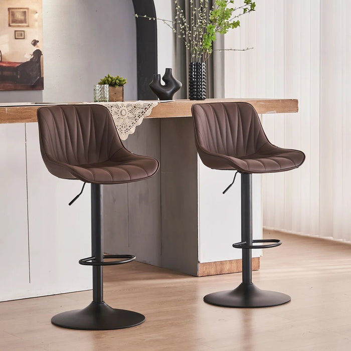 SERENITà Brown Modern Height Adjustable Swivel Bar Stools Upholstered Leather Barstool Kitchen Island Chairs with Metal Frame (Set of 2) - Amazingooh Wholesale