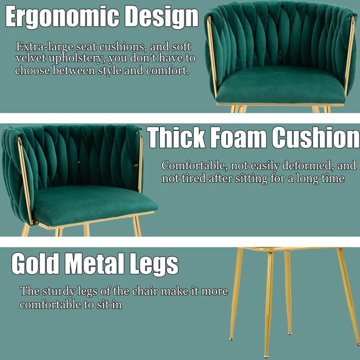 SERENITà Emerald Green Modern Hand Weaving Dining Chairs,Velvet Upholstered Side Chairs with Gold Legs, Chic Vanity Chairs with Armrest, Accent Chair for Dining Room, and Cafe Set of 2 - Amazingooh Wholesale