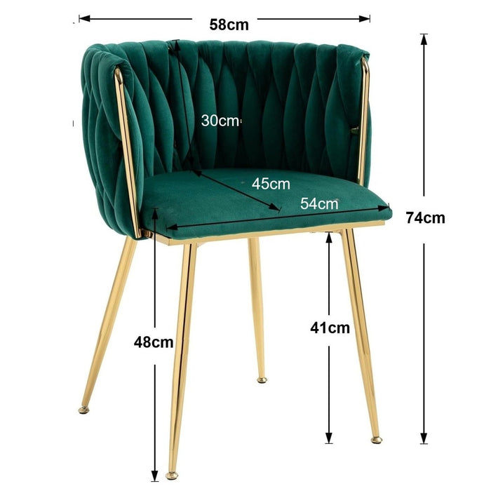SERENITà Emerald Green Modern Hand Weaving Dining Chairs,Velvet Upholstered Side Chairs with Gold Legs, Chic Vanity Chairs with Armrest, Accent Chair for Dining Room, and Cafe Set of 2 - Amazingooh Wholesale