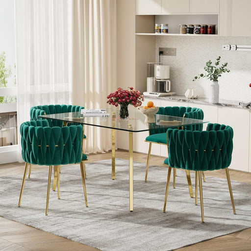 SERENITà Emerald Green Modern Hand Weaving Dining Chairs,Velvet Upholstered Side Chairs with Gold Legs, Chic Vanity Chairs with Armrest, Accent Chair for Dining Room, and Cafe Set of 2 - Amazingooh Wholesale