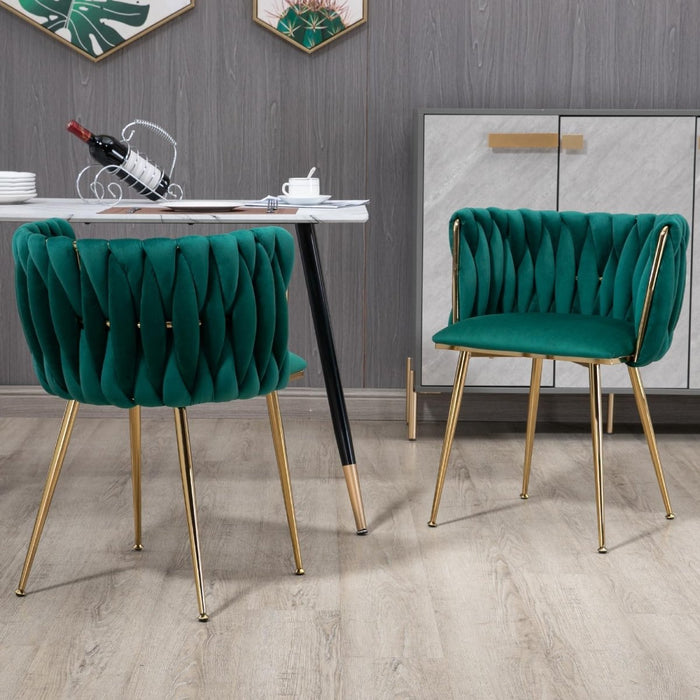 SERENITà Emerald Green Modern Hand Weaving Dining Chairs,Velvet Upholstered Side Chairs with Gold Legs, Chic Vanity Chairs with Armrest, Accent Chair for Dining Room, and Cafe Set of 2 - Amazingooh Wholesale