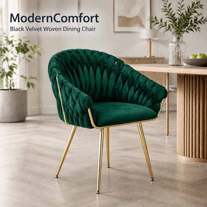 SERENITà Emerald Green Modern Velvet Dining Chairs, Upholstered Living Room Chair with Woven Back and Golden Metal Legs, Mid-Century Accent Set of 2 - Amazingooh Wholesale