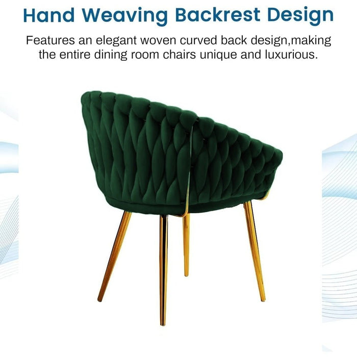 SERENITà Emerald Green Modern Velvet Dining Chairs, Upholstered Living Room Chair with Woven Back and Golden Metal Legs, Mid - Century Accent Set of 2 - Amazingooh Wholesale