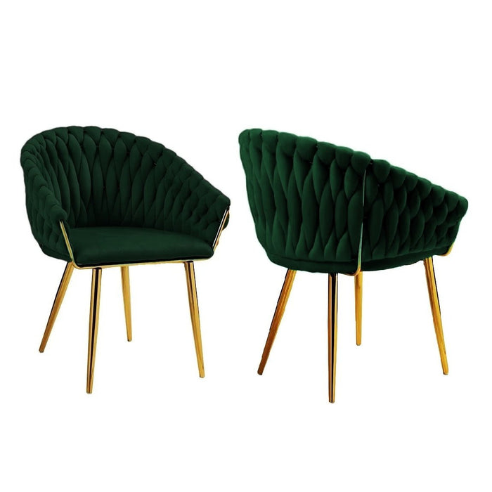 SERENITà Emerald Green Modern Velvet Dining Chairs, Upholstered Living Room Chair with Woven Back and Golden Metal Legs, Mid - Century Accent Set of 2 - Amazingooh Wholesale