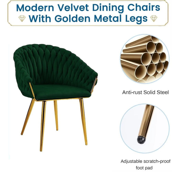 SERENITà Emerald Green Modern Velvet Dining Chairs, Upholstered Living Room Chair with Woven Back and Golden Metal Legs, Mid - Century Accent Set of 2 - Amazingooh Wholesale