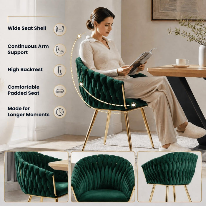 SERENITà Emerald Green Modern Velvet Dining Chairs, Upholstered Living Room Chair with Woven Back and Golden Metal Legs, Mid-Century Accent Set of 2 - Amazingooh Wholesale