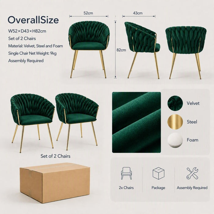SERENITà Emerald Green Modern Velvet Dining Chairs, Upholstered Living Room Chair with Woven Back and Golden Metal Legs, Mid-Century Accent Set of 2 - Amazingooh Wholesale