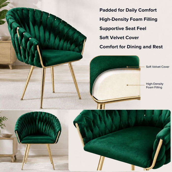SERENITà Emerald Green Modern Velvet Dining Chairs, Upholstered Living Room Chair with Woven Back and Golden Metal Legs, Mid-Century Accent Set of 2 - Amazingooh Wholesale