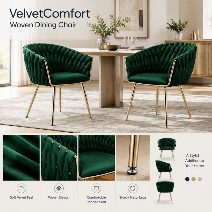 SERENITà Emerald Green Modern Velvet Dining Chairs, Upholstered Living Room Chair with Woven Back and Golden Metal Legs, Mid-Century Accent Set of 2 - Amazingooh Wholesale