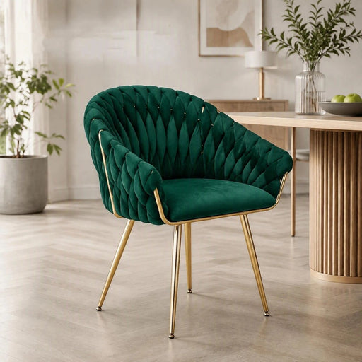 SERENITà Emerald Green Modern Velvet Dining Chairs, Upholstered Living Room Chair with Woven Back and Golden Metal Legs, Mid-Century Accent Set of 2 - Amazingooh Wholesale