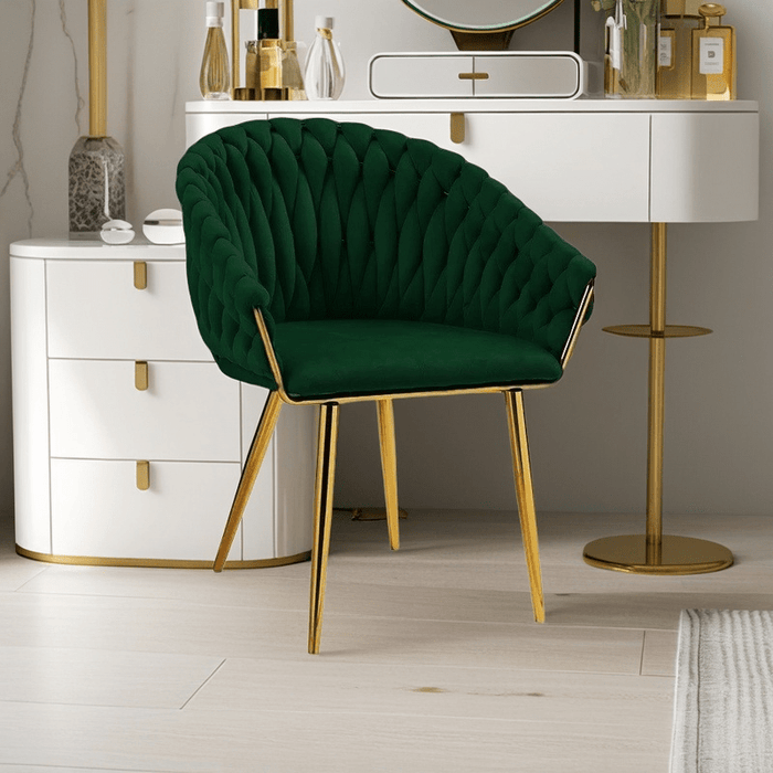 SERENITà Emerald Green Modern Velvet Dining Chairs, Upholstered Living Room Chair with Woven Back and Golden Metal Legs, Mid - Century Accent Set of 2 - Amazingooh Wholesale