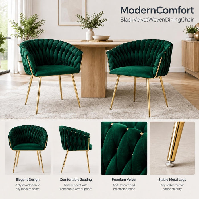 SERENITà Emerald Green Modern Velvet Dining Chairs, Upholstered Living Room Chair with Woven Back and Golden Metal Legs, Mid-Century Accent Set of 2 - Amazingooh Wholesale