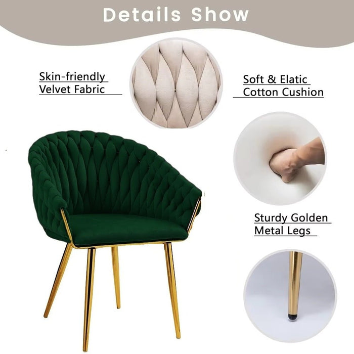 SERENITà Emerald Green Modern Velvet Dining Chairs, Upholstered Living Room Chair with Woven Back and Golden Metal Legs, Mid - Century Accent Set of 2 - Amazingooh Wholesale