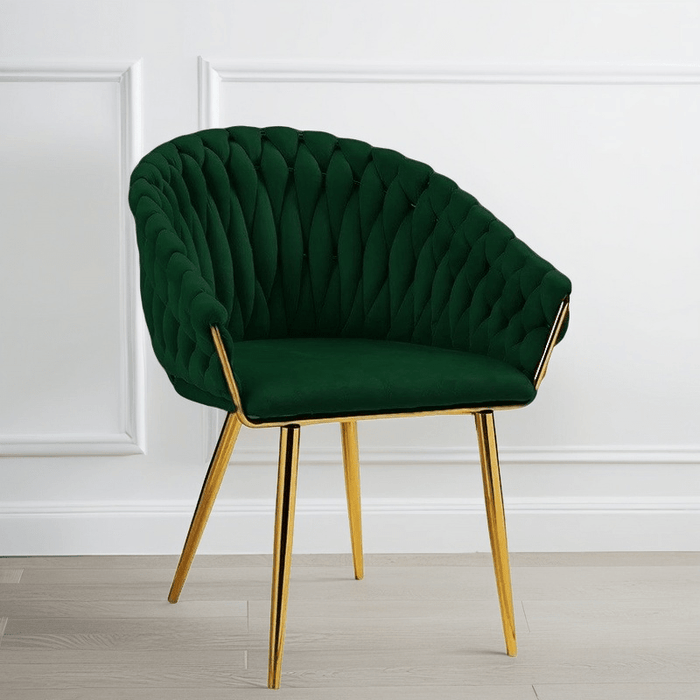 SERENITà Emerald Green Modern Velvet Dining Chairs, Upholstered Living Room Chair with Woven Back and Golden Metal Legs, Mid - Century Accent Set of 2 - Amazingooh Wholesale