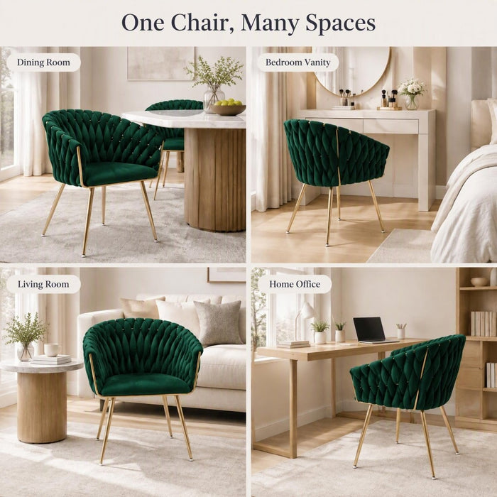 SERENITà Emerald Green Modern Velvet Dining Chairs, Upholstered Living Room Chair with Woven Back and Golden Metal Legs, Mid-Century Accent Set of 2 - Amazingooh Wholesale