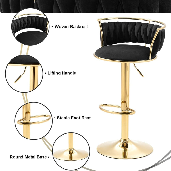 SERENITà Golden Swivel Upholstered Velvet Adjustable Height Counter Stool with Metal Frame Black (Set of 2) - Amazingooh Wholesale
