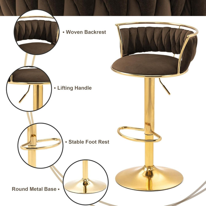 SERENITà Golden Swivel Upholstered Velvet Adjustable Height Counter Stool with Metal Frame Coffee (Set of 2) - Amazingooh Wholesale