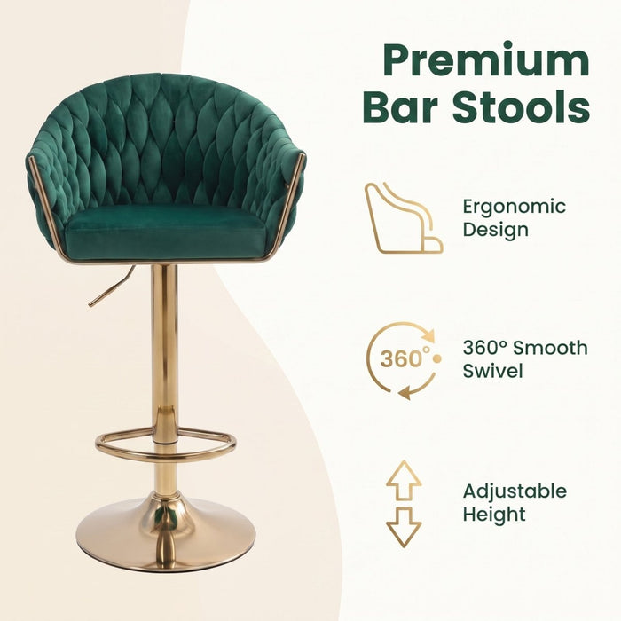 SERENITà GP1863 Modern Velvet Breakfast Bar Stools Swivel Barstools Adjustable Counter Stools with Backrest (Gold-Emerald Green) - Amazingooh Wholesale