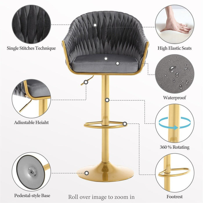 SERENITà GP1863 Modern Velvet Breakfast Bar Stools Swivel Barstools Adjustable Counter Stools with Backrest (Gold-Grey) - Amazingooh Wholesale
