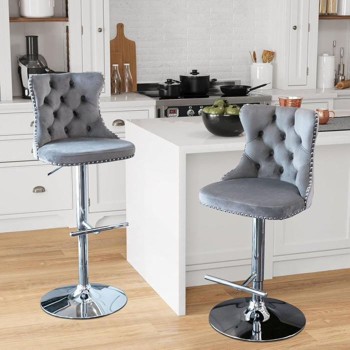 SERENITà Gray Velvet Bar Stools Adjustable Swivel Counter Height Chairs with Tufted Back and Nailhead Trim for Kitchen Island Pub Restaurant (2Pcs, Chrome Metal) - Amazingooh Wholesale