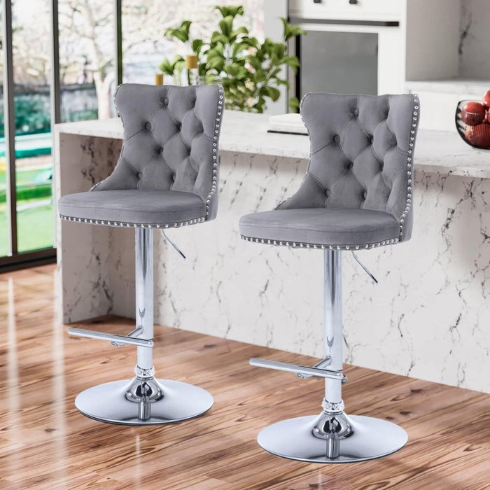 SERENITà Gray Velvet Bar Stools Adjustable Swivel Counter Height Chairs with Tufted Back and Nailhead Trim for Kitchen Island Pub Restaurant (2Pcs, Chrome Metal) - Amazingooh Wholesale