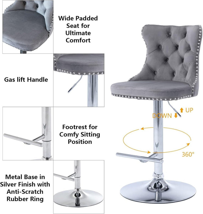 SERENITà Gray Velvet Bar Stools Adjustable Swivel Counter Height Chairs with Tufted Back and Nailhead Trim for Kitchen Island Pub Restaurant (2Pcs, Chrome Metal) - Amazingooh Wholesale