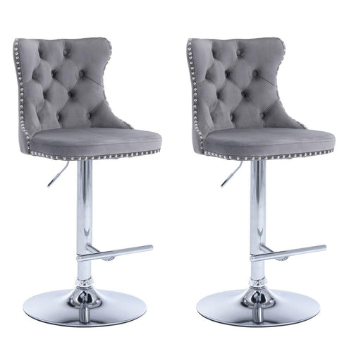SERENITà Gray Velvet Bar Stools Adjustable Swivel Counter Height Chairs with Tufted Back and Nailhead Trim for Kitchen Island Pub Restaurant (2Pcs, Chrome Metal) - Amazingooh Wholesale