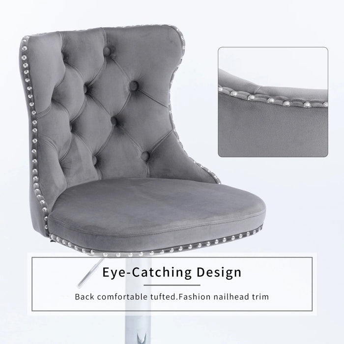 SERENITà Gray Velvet Bar Stools Adjustable Swivel Counter Height Chairs with Tufted Back and Nailhead Trim for Kitchen Island Pub Restaurant (2Pcs, Chrome Metal) - Amazingooh Wholesale
