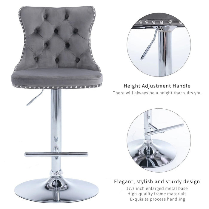 SERENITà Gray Velvet Bar Stools Adjustable Swivel Counter Height Chairs with Tufted Back and Nailhead Trim for Kitchen Island Pub Restaurant (2Pcs, Chrome Metal) - Amazingooh Wholesale