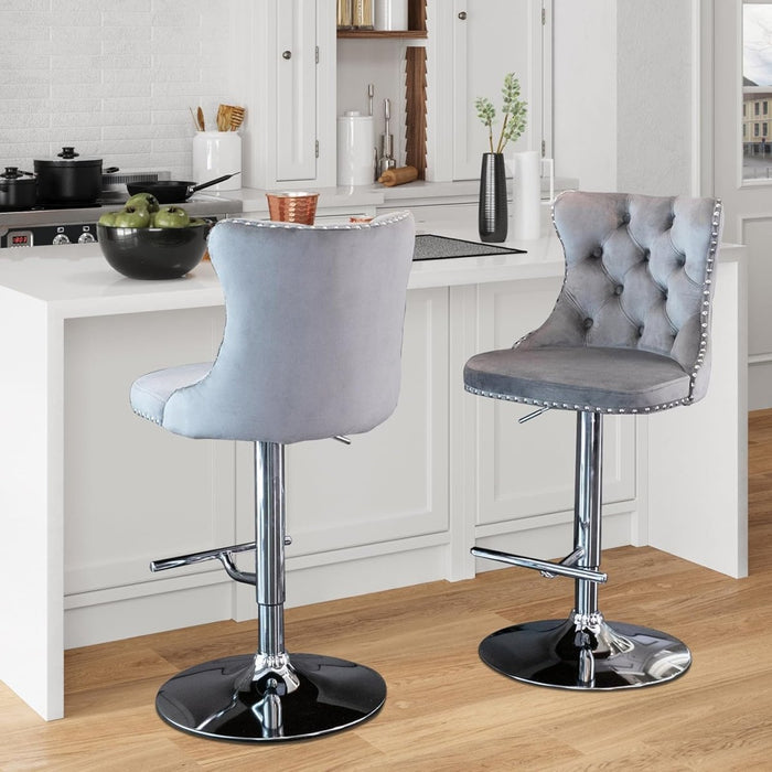 SERENITà Gray Velvet Bar Stools Adjustable Swivel Counter Height Chairs with Tufted Back and Nailhead Trim for Kitchen Island Pub Restaurant (2Pcs, Chrome Metal) - Amazingooh Wholesale