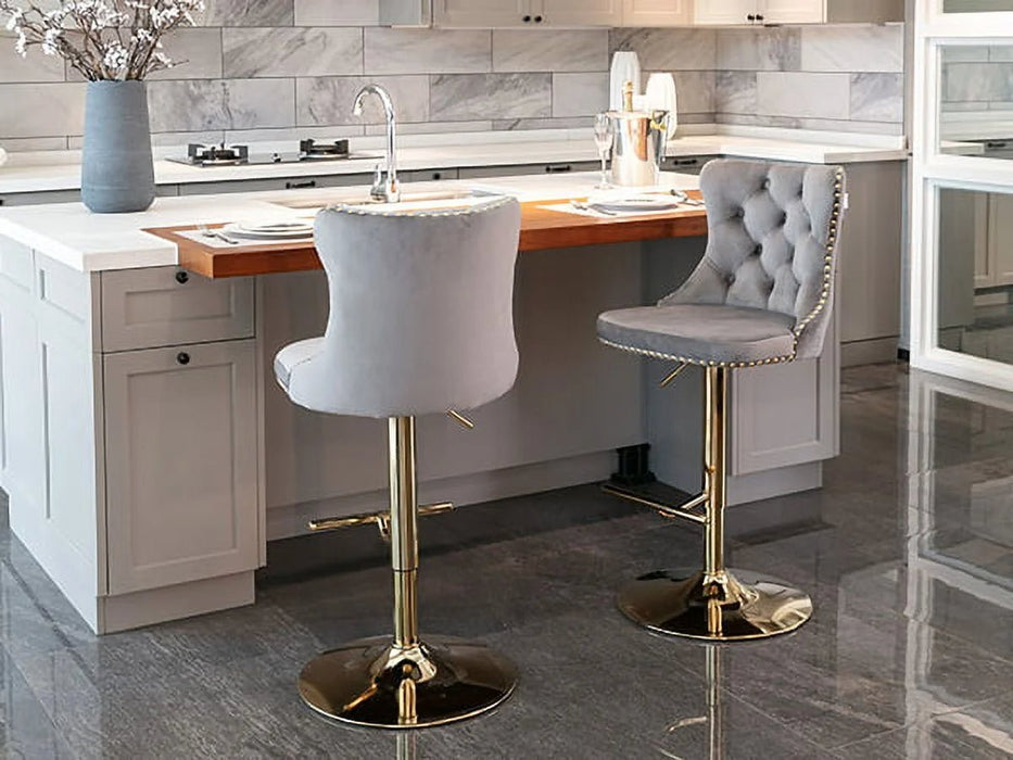 SERENITà Gray Velvet Bar Stools Adjustable Swivel Counter Height Chairs with Tufted Back and Nailhead Trim for Kitchen Island Pub Restaurant (2Pcs, Gold) - Amazingooh Wholesale