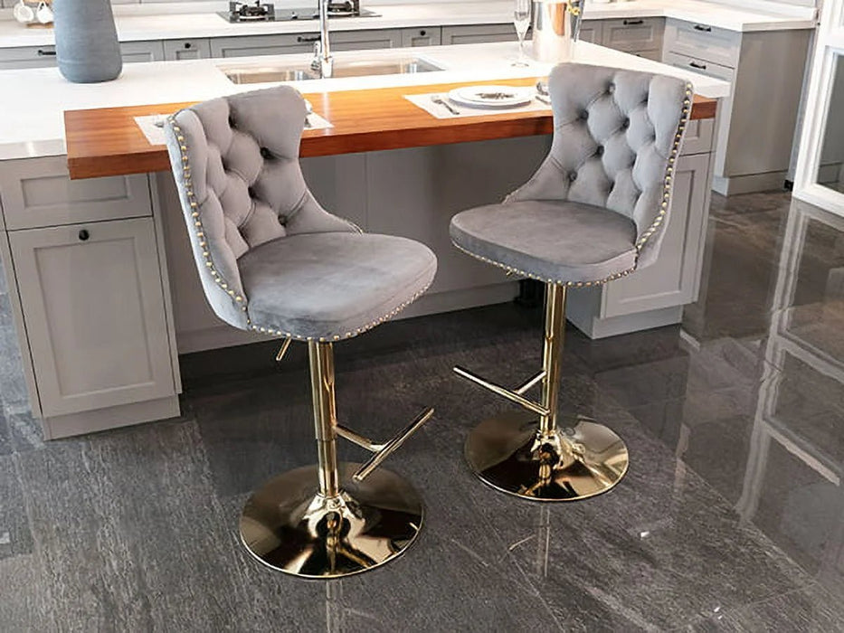 SERENITà Gray Velvet Bar Stools Adjustable Swivel Counter Height Chairs with Tufted Back and Nailhead Trim for Kitchen Island Pub Restaurant (2Pcs, Gold) - Amazingooh Wholesale