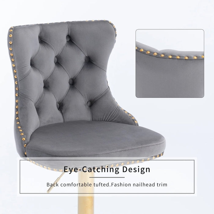 SERENITà Gray Velvet Bar Stools Adjustable Swivel Counter Height Chairs with Tufted Back and Nailhead Trim for Kitchen Island Pub Restaurant (2Pcs, Gold) - Amazingooh Wholesale