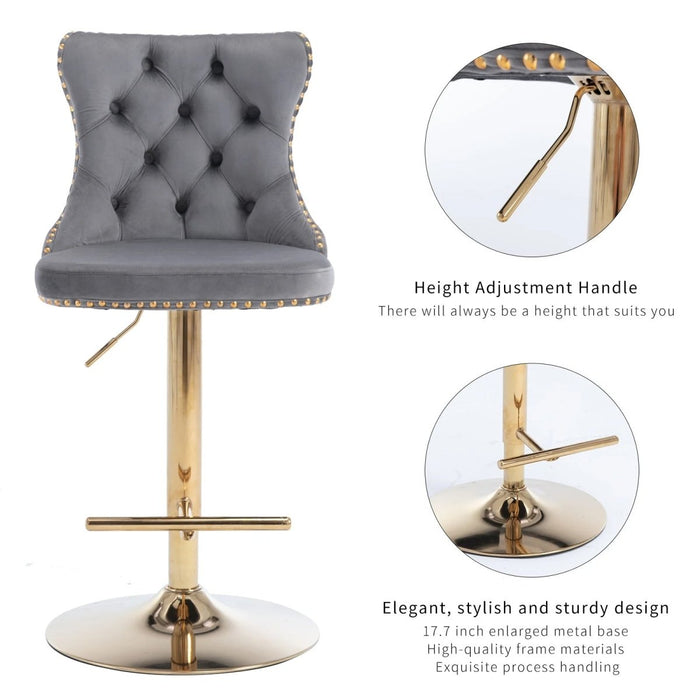 SERENITà Gray Velvet Bar Stools Adjustable Swivel Counter Height Chairs with Tufted Back and Nailhead Trim for Kitchen Island Pub Restaurant (2Pcs, Gold) - Amazingooh Wholesale
